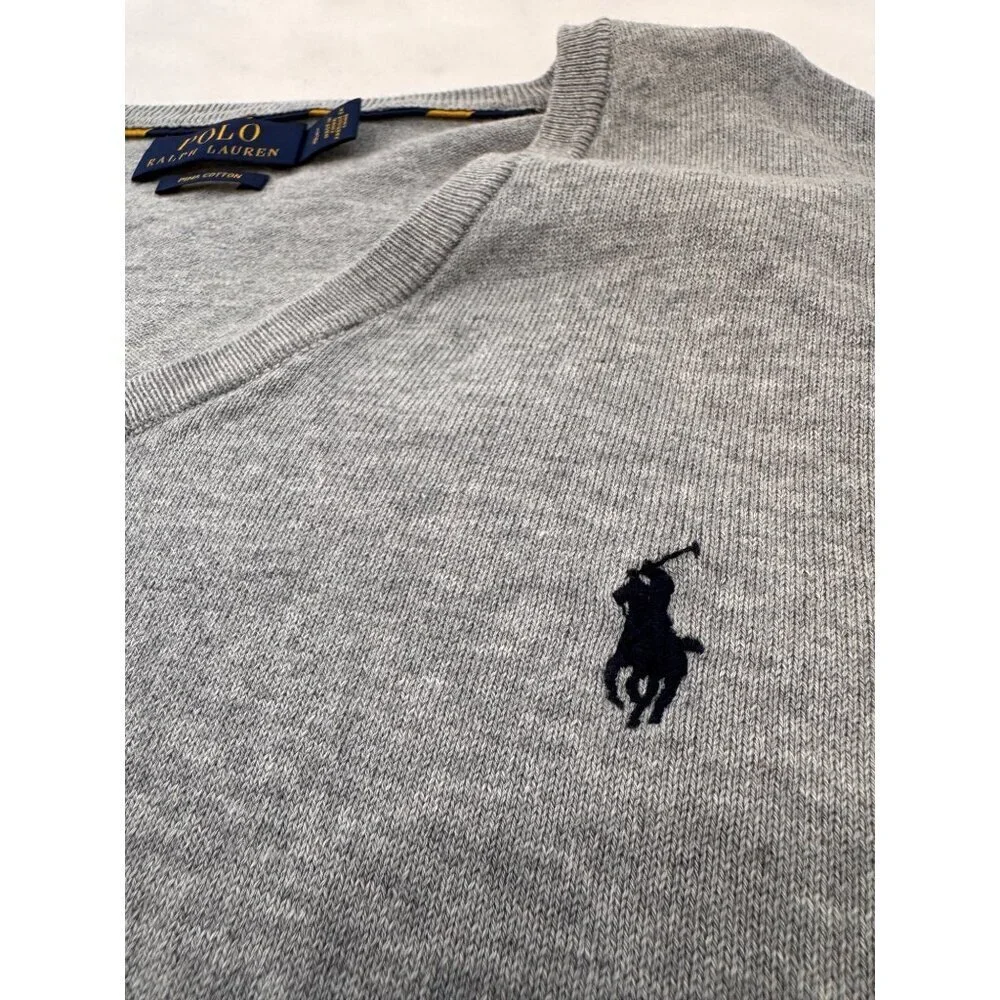 Polo Ralph Lauren Men's Size L Grey V-Neck Sweater Pima Cotton